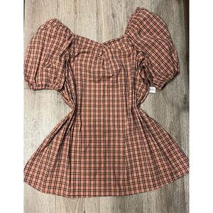 a.n.a Plaid Mini Dress Apricot 2X New Puff Sleeves
